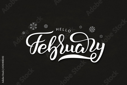 Vector realistic isolated typography logo of Hello February with snowflakes for decoration and covering on the black background.