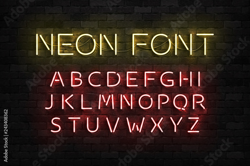 Vector realistic isolated neon sign of Alphabet Font letters for template decoration and layout covering on the wall background.