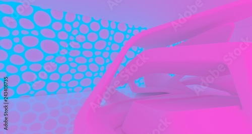 Abstract white Futuristic Sci-Fi interior With Pink And Blue Glowing Neon Tubes . 3D illustration and rendering.