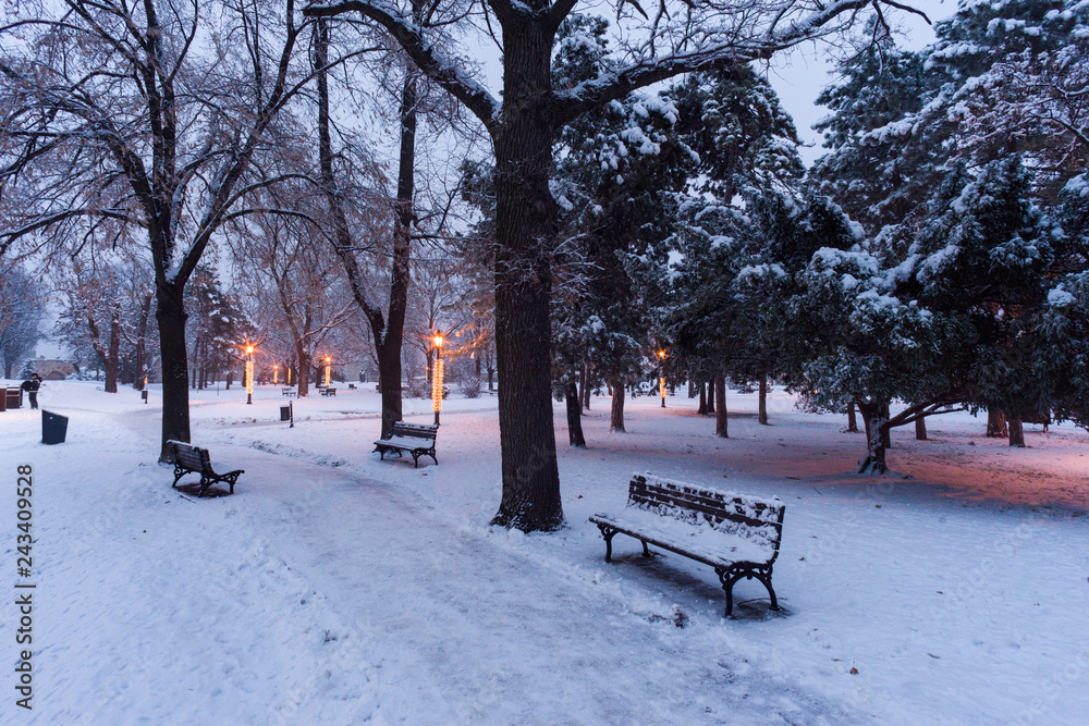 View of Kalemegdan Park in Belgrade the capital of Serbia in Europe during snow in winter View of Kalemegdan Park in Belgrade the capital of Serbia in Europe during snow in winter
