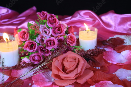 Photoshoot of bouquet, candle bunring and decoration Valentine day