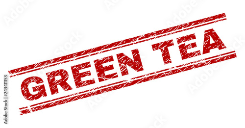 GREEN TEA seal print with grunge texture. Red vector rubber print of GREEN TEA text with unclean texture. Text label is placed between double parallel lines.
