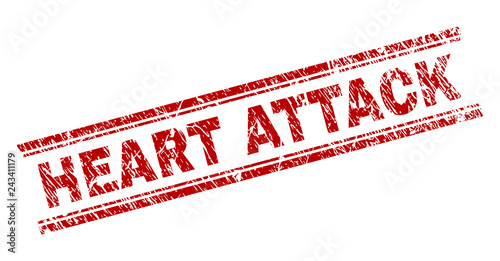 HEART ATTACK seal watermark with corroded texture. Red vector rubber print of HEART ATTACK caption with corroded texture. Text title is placed between double parallel lines.