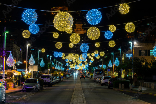 The main street of Haifa is Israel decorated for the new year and Christmas 2018.
