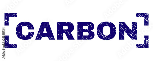 CARBON caption seal print with corroded effect. Text caption is placed between corners. Blue vector rubber print of CARBON with unclean texture.