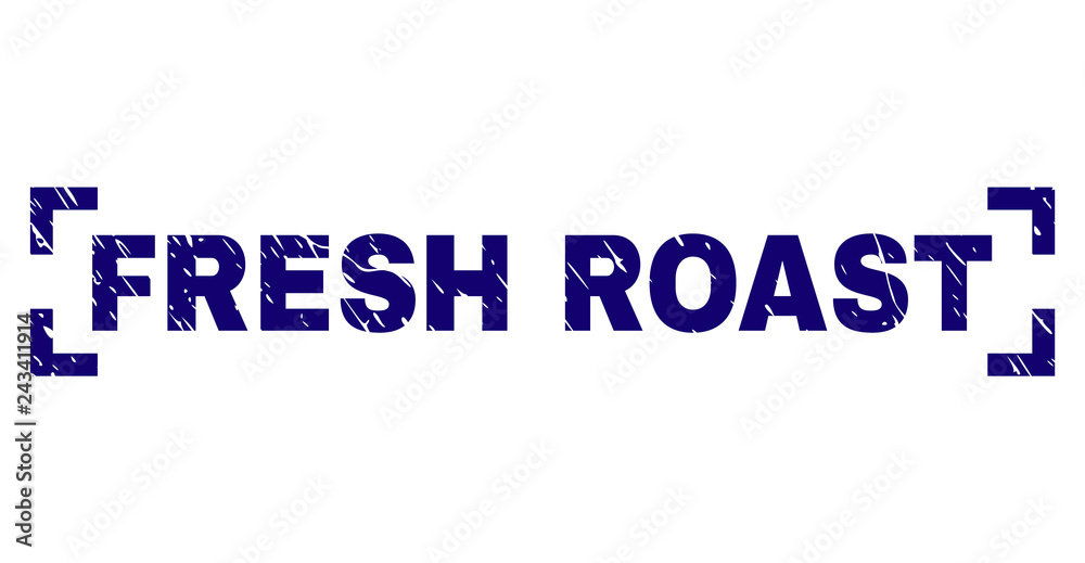 FRESH ROAST text seal print with grunge effect. Text tag is placed between corners. Blue vector rubber print of FRESH ROAST with dust texture.