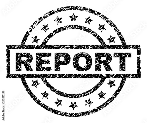 REPORT stamp seal watermark with distress style. Designed with rectangle, circles and stars. Black vector rubber print of REPORT text with unclean texture.