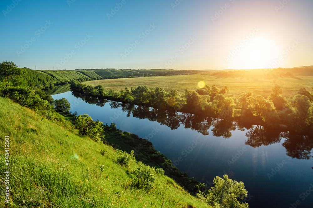 Beautiful sunrise above river Beautiful Mecha, Lipetsk region