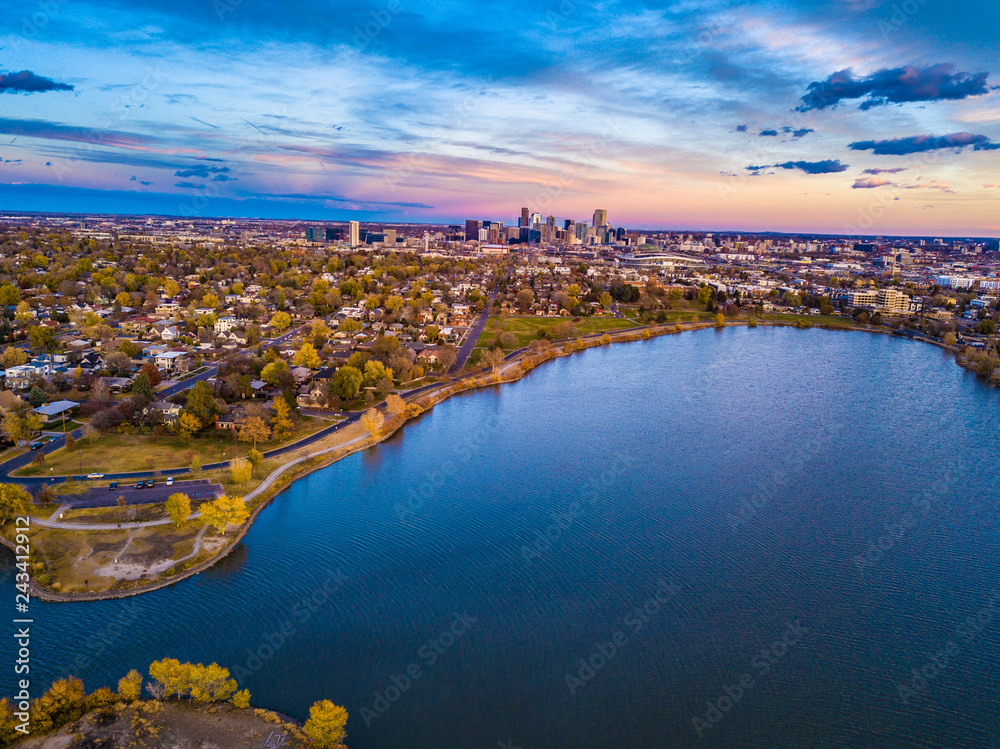 Colorful Drone Sunset at Sloan's Lake in Denver, Colorado 