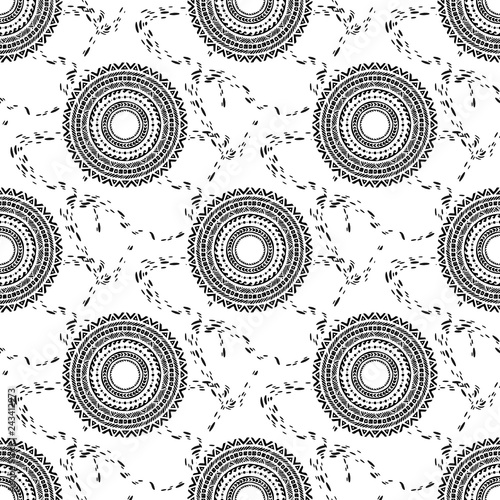 motif black and white barbaric circle wheel tribal chain tattoo and texture seamless pattern vector background