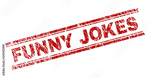 FUNNY JOKES seal print with grunge effect. Red vector rubber print of FUNNY JOKES text with dust texture. Text caption is placed between double parallel lines.