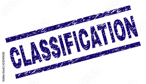 CLASSIFICATION seal print with distress style. Blue vector rubber print of CLASSIFICATION tag with grunge texture. Text tag is placed between parallel lines.