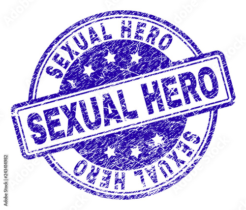 SEXUAL HERO stamp seal watermark with grunge texture. Designed with rounded rectangles and circles. Blue vector rubber print of SEXUAL HERO caption with grunge texture.
