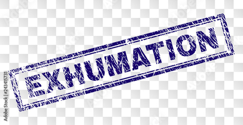 EXHUMATION stamp seal print with rubber print style and double framed rectangle shape. Stamp is placed on a transparent background. Blue vector rubber print of EXHUMATION title with unclean texture.