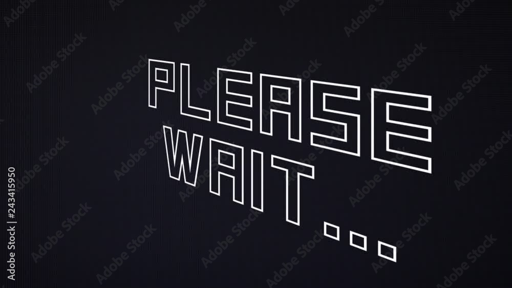 A wireframe animated text, Please Wait, spinning around its axis. Retro futuristic obsolete style (computer-generated imagery from the 1980s).