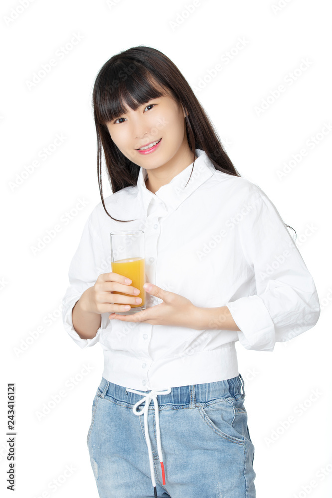 Chinese woman drinking orange juice isolated on white background Chinese woman drinking orange juice isolated on white background