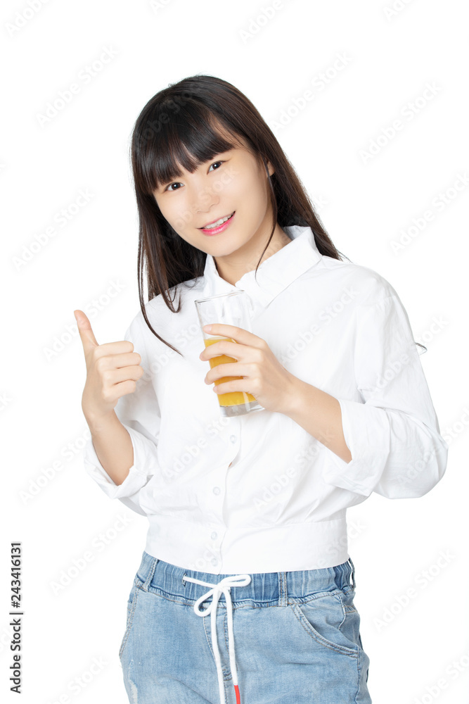 Chinese woman drinking orange juice isolated on white background Chinese woman drinking orange juice isolated on white background