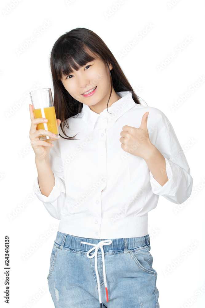 Chinese woman drinking orange juice isolated on white background Chinese woman drinking orange juice isolated on white background