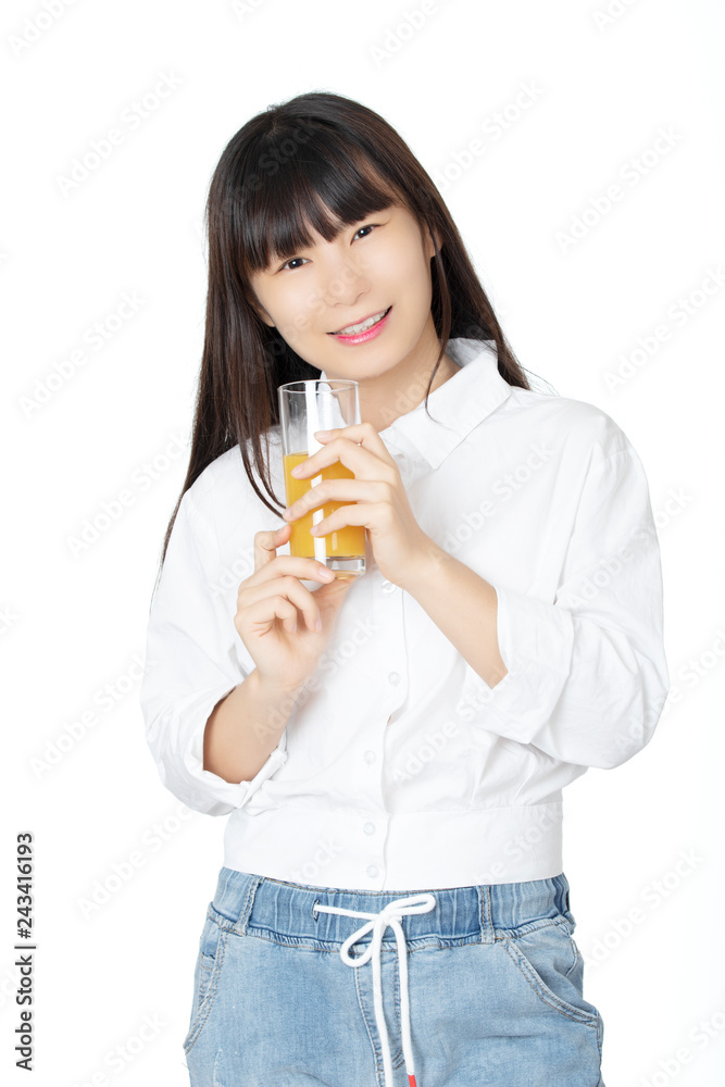Chinese woman drinking orange juice isolated on white background Chinese woman drinking orange juice isolated on white background