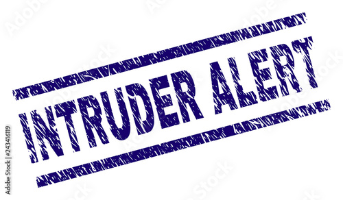 INTRUDER ALERT seal watermark with grunge style. Blue vector rubber print of INTRUDER ALERT title with scratched texture. Text title is placed between parallel lines.