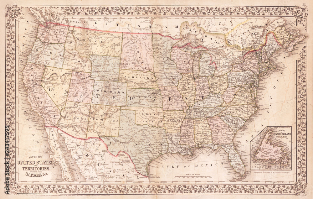 Old Map of the United States, 1867, Mitchell - obrazy, fototapety, plakaty 