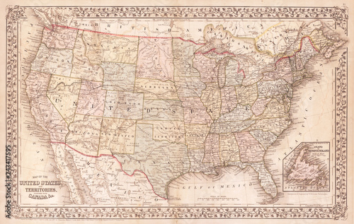 Obraz na plátně Old Map of the United States, 1867, Mitchell