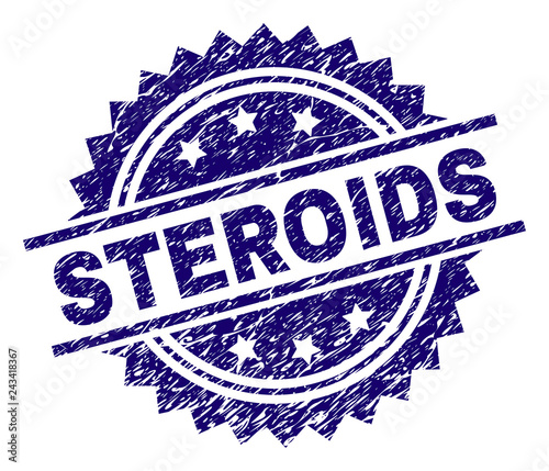 STEROIDS stamp seal watermark with distress style. Blue vector rubber print of STEROIDS caption with dust texture.