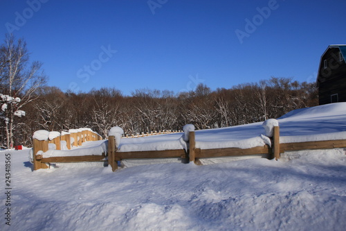 雪で閉ざされた牧場の風景