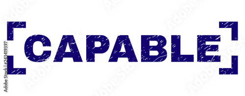CAPABLE tag seal print with grunge texture. Text title is placed inside corners. Blue vector rubber print of CAPABLE with grunge texture.