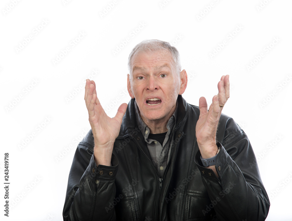 Frustrated, annoyed, upset, aggravated older man isolated on white background Frustrated, annoyed, upset, aggravated older man isolated on white background