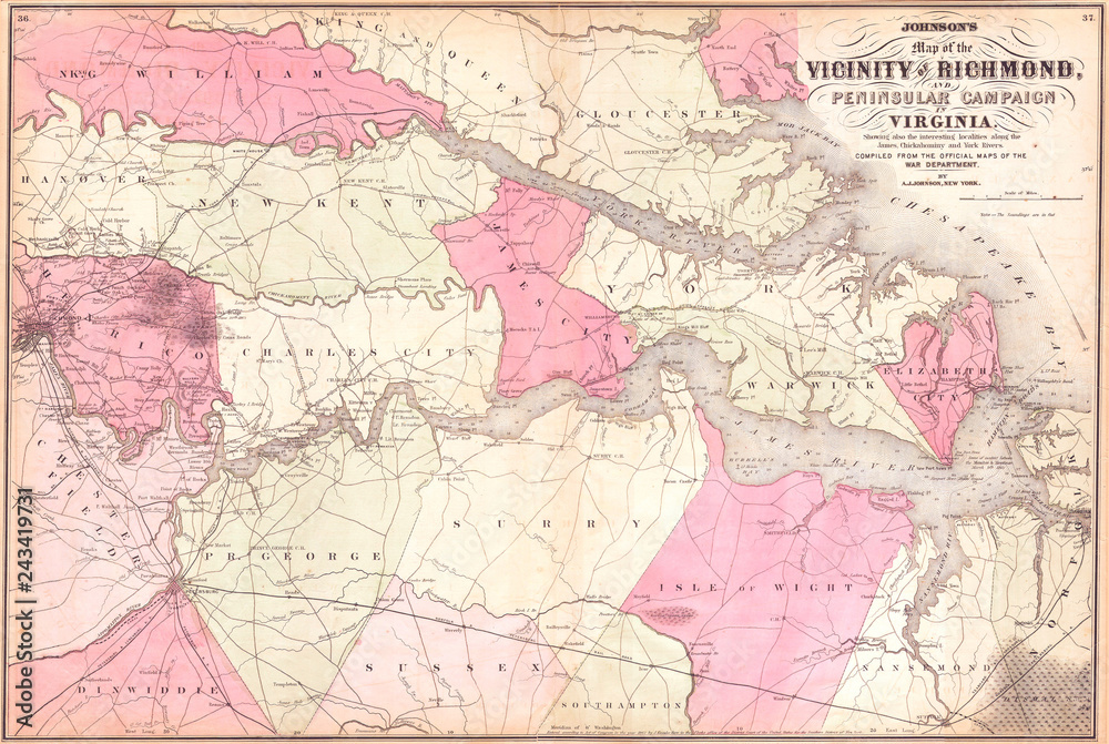 Map of The Vicinity Of Richmond and Peninsular Campaign in Virginia 1862, Johnson'