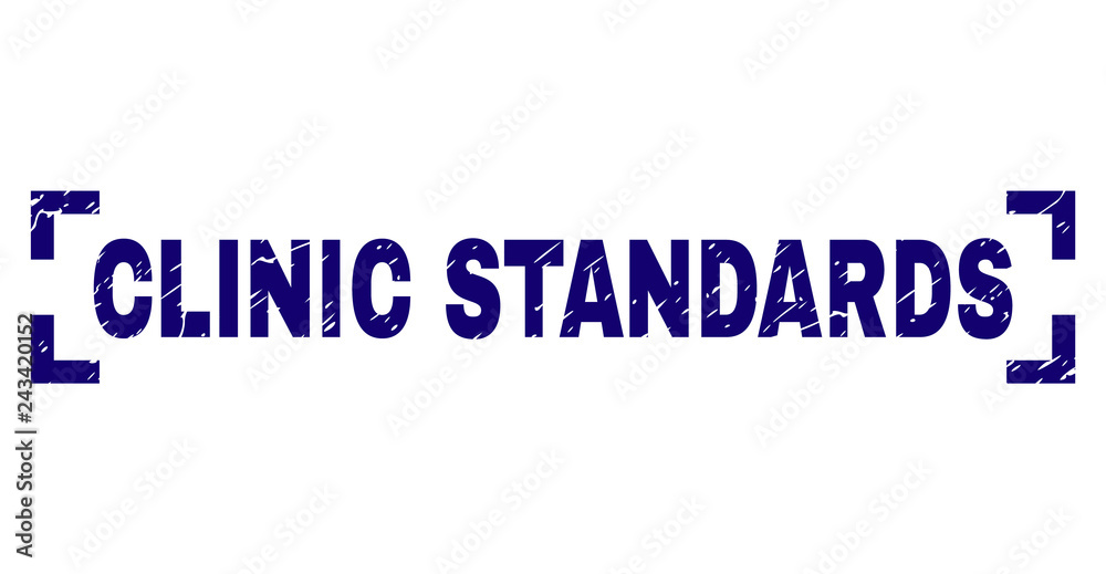 CLINIC STANDARDS caption seal stamp with distress texture. Text caption is placed between corners. Blue vector rubber print of CLINIC STANDARDS with corroded texture.