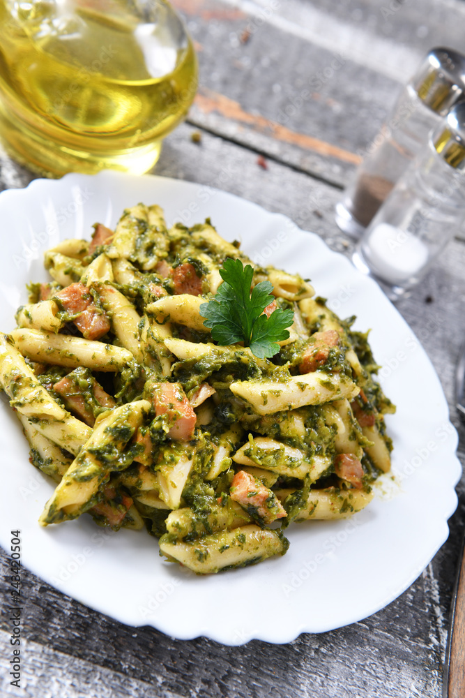 Penne pasta with spinach and meat Penne pasta with spinach and meat