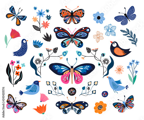 Butterflies, birds and flowers, hand drawn collection of different elements, isolated on white background