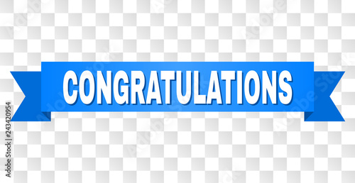 CONGRATULATIONS text on a ribbon. Designed with white title and blue tape. Vector banner with CONGRATULATIONS tag on a transparent background. photo