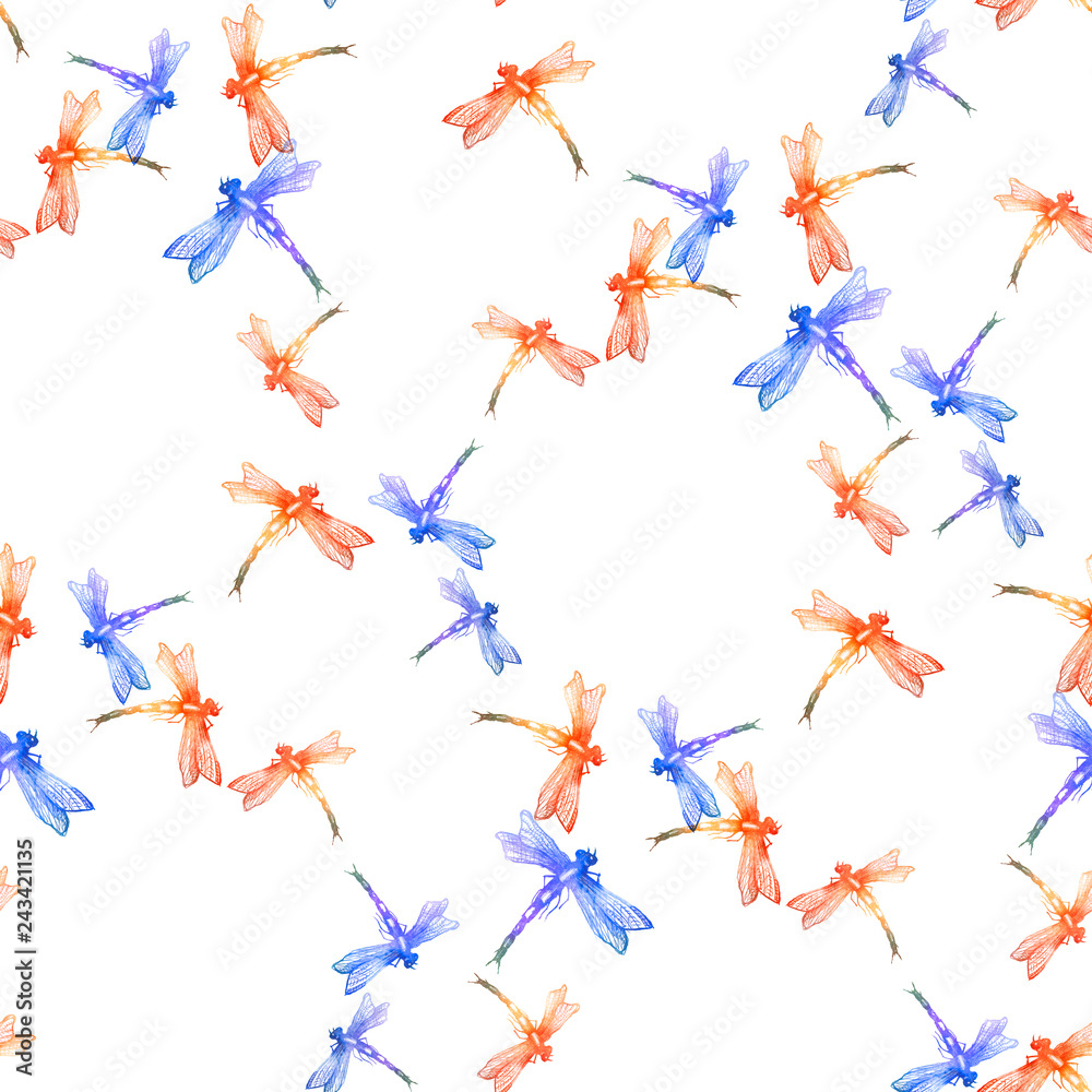 Dragonfly seamless art pattern. Trendy traditional art on white background. Red, Blue dragonfly isolated. Butterfly, moth Graphic Realistic Line Ink Drawing. Hand-drawn illustration Dragonfly seamless art pattern. Trendy traditional art on white background. Red, Blue dragonfly isolated. Butterfly, moth Graphic Realistic Line Ink Drawing. Hand-drawn illustration