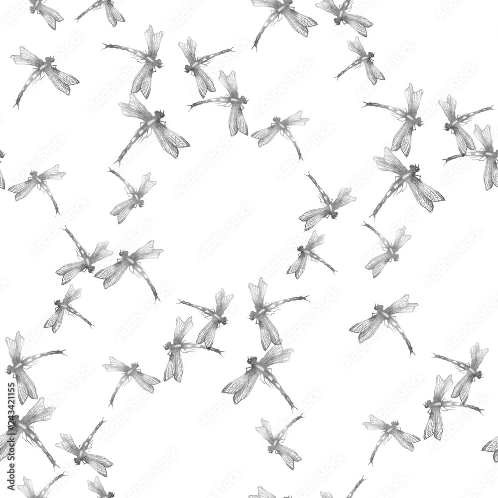 Dragonfly seamless art pattern. Trendy traditional art on white background. Black dragonfly on white background isolated. Butterfly, moth Graphic Realistic Line Ink Drawing. Hand-drawn illustration. Dragonfly seamless art pattern. Trendy traditional art on white background. Black dragonfly on white background isolated. Butterfly, moth Graphic Realistic Line Ink Drawing. Hand-drawn illustration.