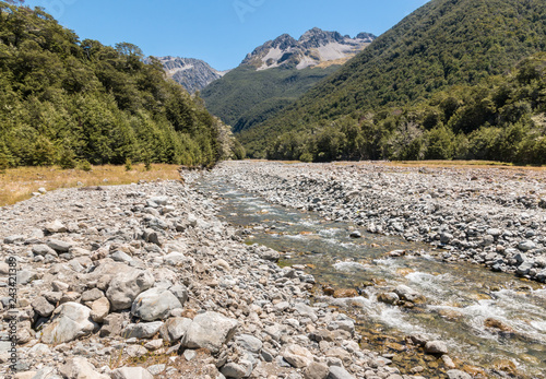 Hamilton River in Southern Alps, South Island, New Zealand