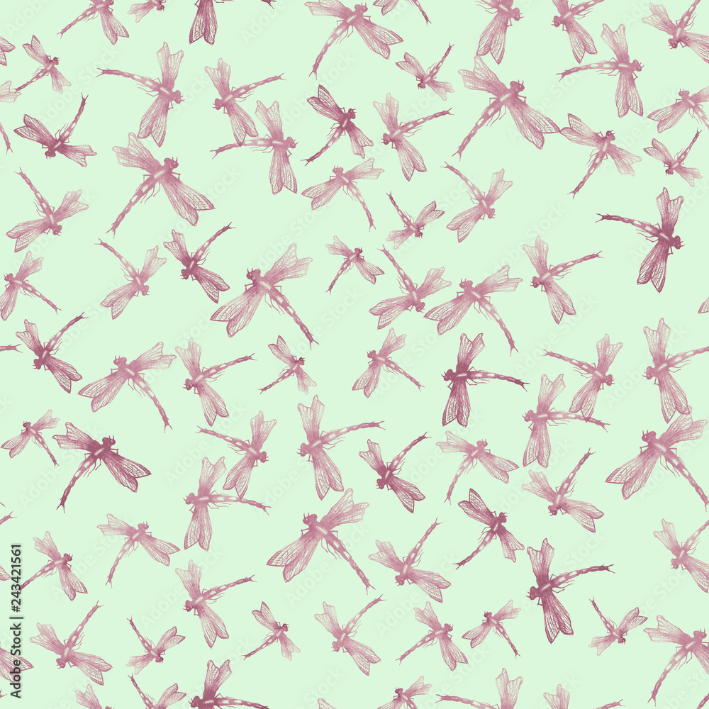 Dragonfly seamless  art pattern. Trendy traditional art on GREEN background. burgundy dragonfly on white background isolated. Butterfly, moth Graphic Realistic Line Ink Drawing. 