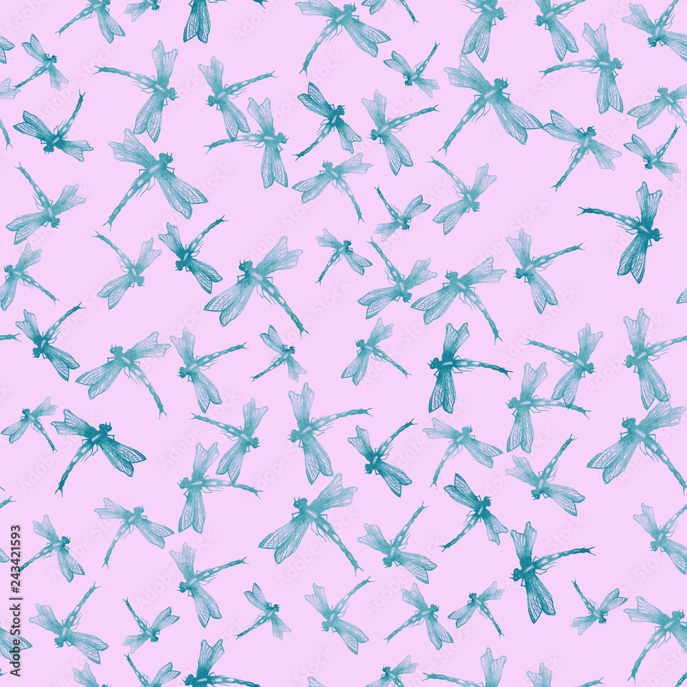 Dragonfly seamless art pattern. Trendy traditional art on white background. Butterfly, moth Graphic Realistic Line Ink Drawing. On a pink background Dragonfly seamless art pattern. Trendy traditional art on white background. Butterfly, moth Graphic Realistic Line Ink Drawing. On a pink background