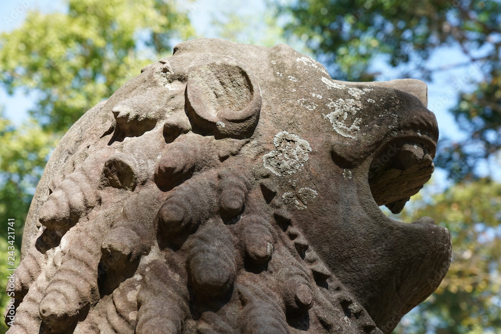 Kampong Thom, Cambodia-January 12, 2019: A statue of lion at Prasat Tao in Sambor Prei Kuk in Cambodia Kampong Thom, Cambodia-January 12, 2019: A statue of lion at Prasat Tao in Sambor Prei Kuk in Cambodia