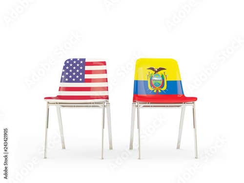 Two chairs with flags of US and ecuador isolated on white