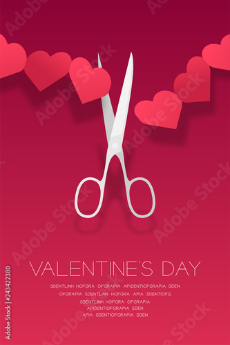 Scissors cut Heart paper chain, Valentine's day concept layout poster template design illustration isolated on pink gradients background with copy space