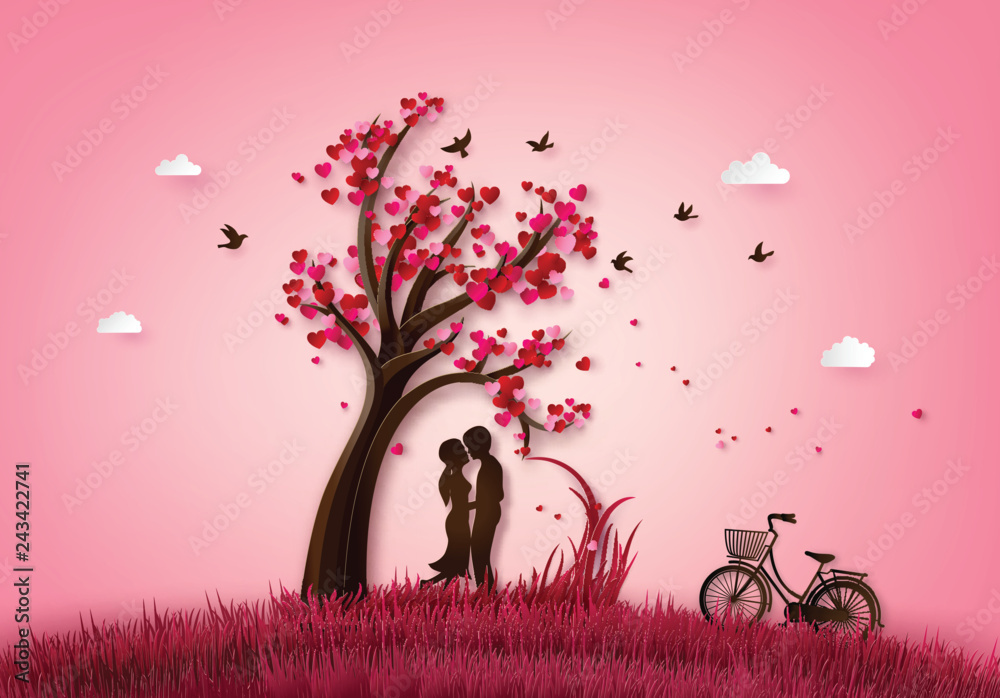 Two enamored under a love tree - obrazy, fototapety, plakaty 