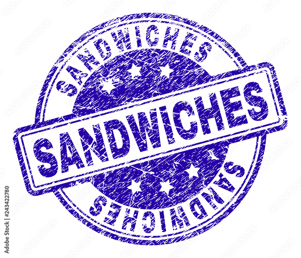 SANDWICHES stamp seal watermark with grunge effect. Designed with rounded rectangles and circles. Blue vector rubber print of SANDWICHES tag with grunge texture. SANDWICHES stamp seal watermark with grunge effect. Designed with rounded rectangles and circles. Blue vector rubber print of SANDWICHES tag with grunge texture.