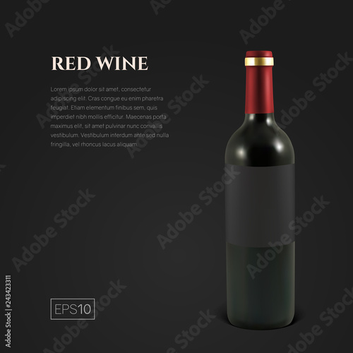 Photorealistic bottle of red wine on a black background. Mock up transparent bottle of wine. Template for product presentation or advertising in a minimalistic style.
