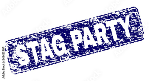 STAG PARTY stamp seal print with grunge style. Seal shape is a rounded rectangle with frame. Blue vector rubber print of STAG PARTY tag with grunge texture.