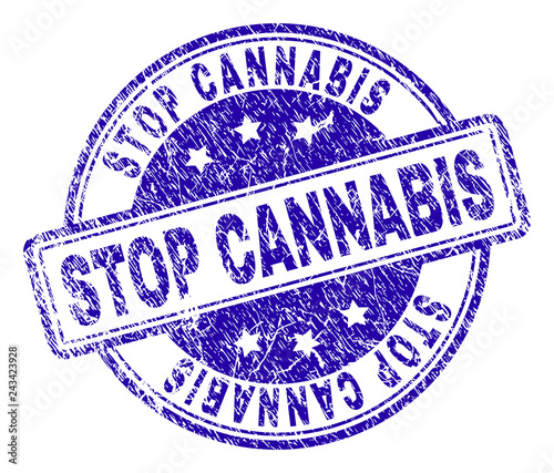 STOP CANNABIS stamp seal watermark with distress texture. Designed with rounded rectangles and circles. Blue vector rubber print of STOP CANNABIS title with dust texture.