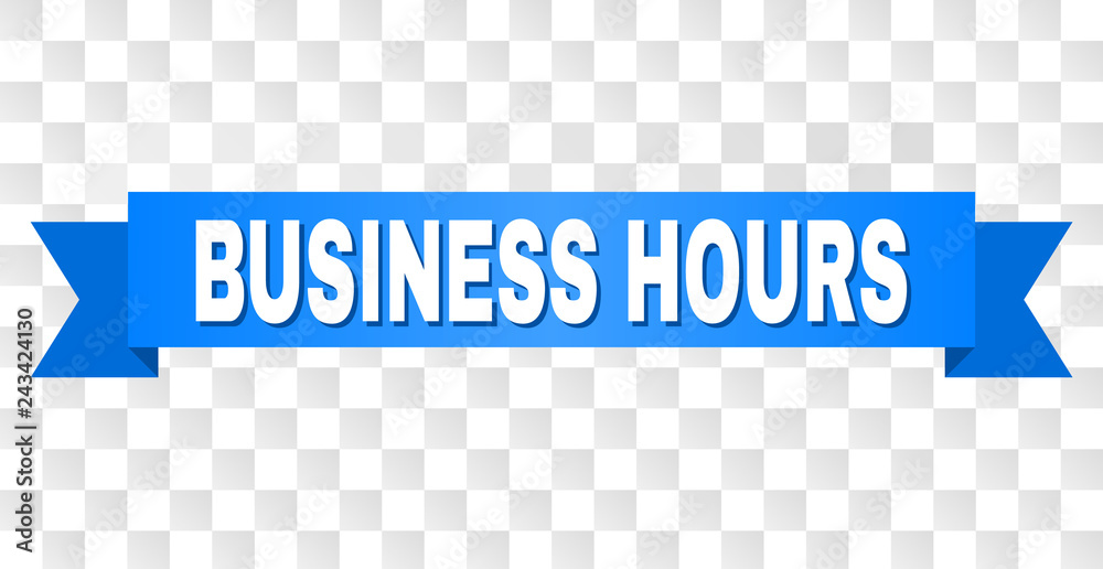 BUSINESS HOURS text on a ribbon. Designed with white caption and blue stripe. Vector banner with BUSINESS HOURS tag on a transparent background. BUSINESS HOURS text on a ribbon. Designed with white caption and blue stripe. Vector banner with BUSINESS HOURS tag on a transparent background.