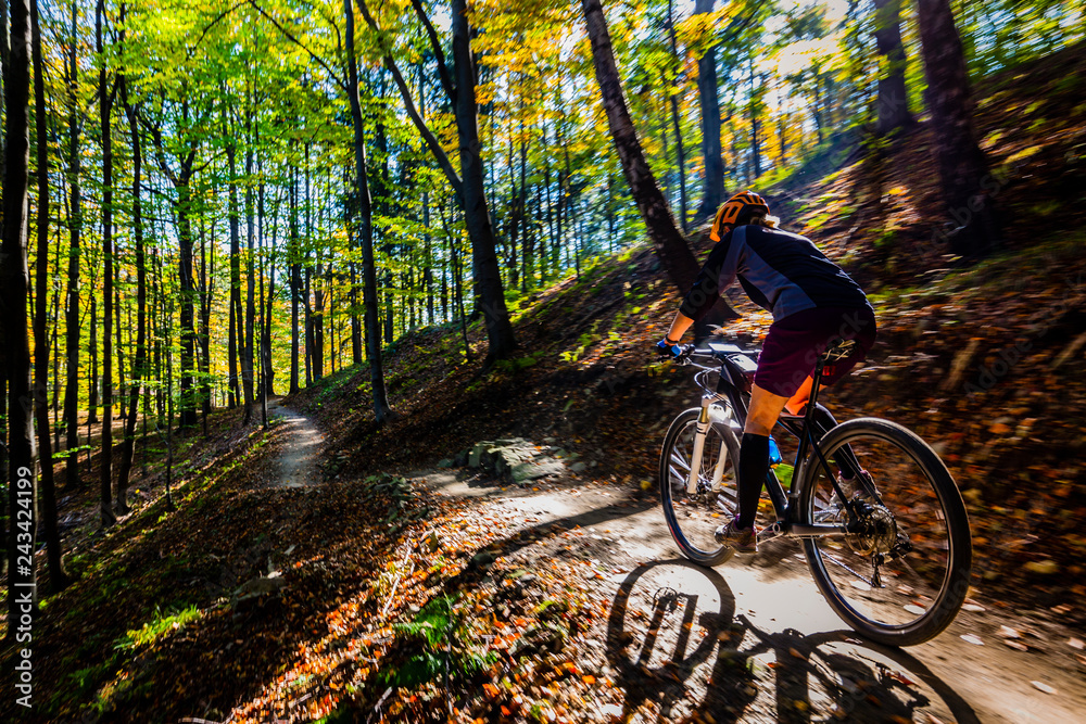Cycling woman riding on bike in spring summer mountains forest landscape. Woman cycling MTB flow trail track. Outdoor sport activity.
